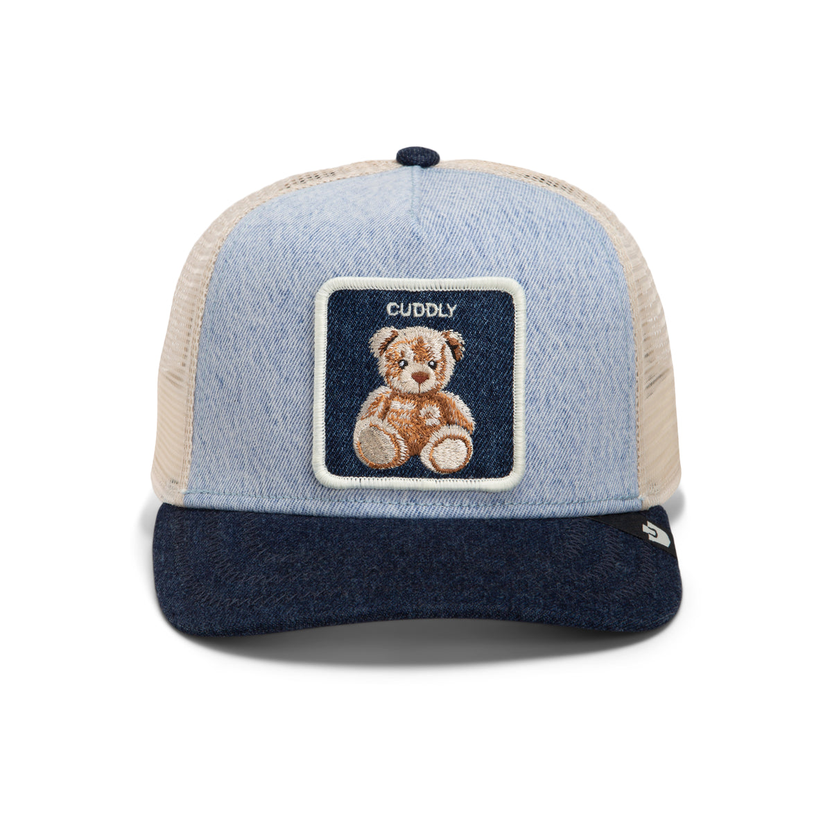 Goorin Bros Denim Cuddly trucker cap in light denim, front view with the embroidered teddy bear Cuddly patch and tan mesh back