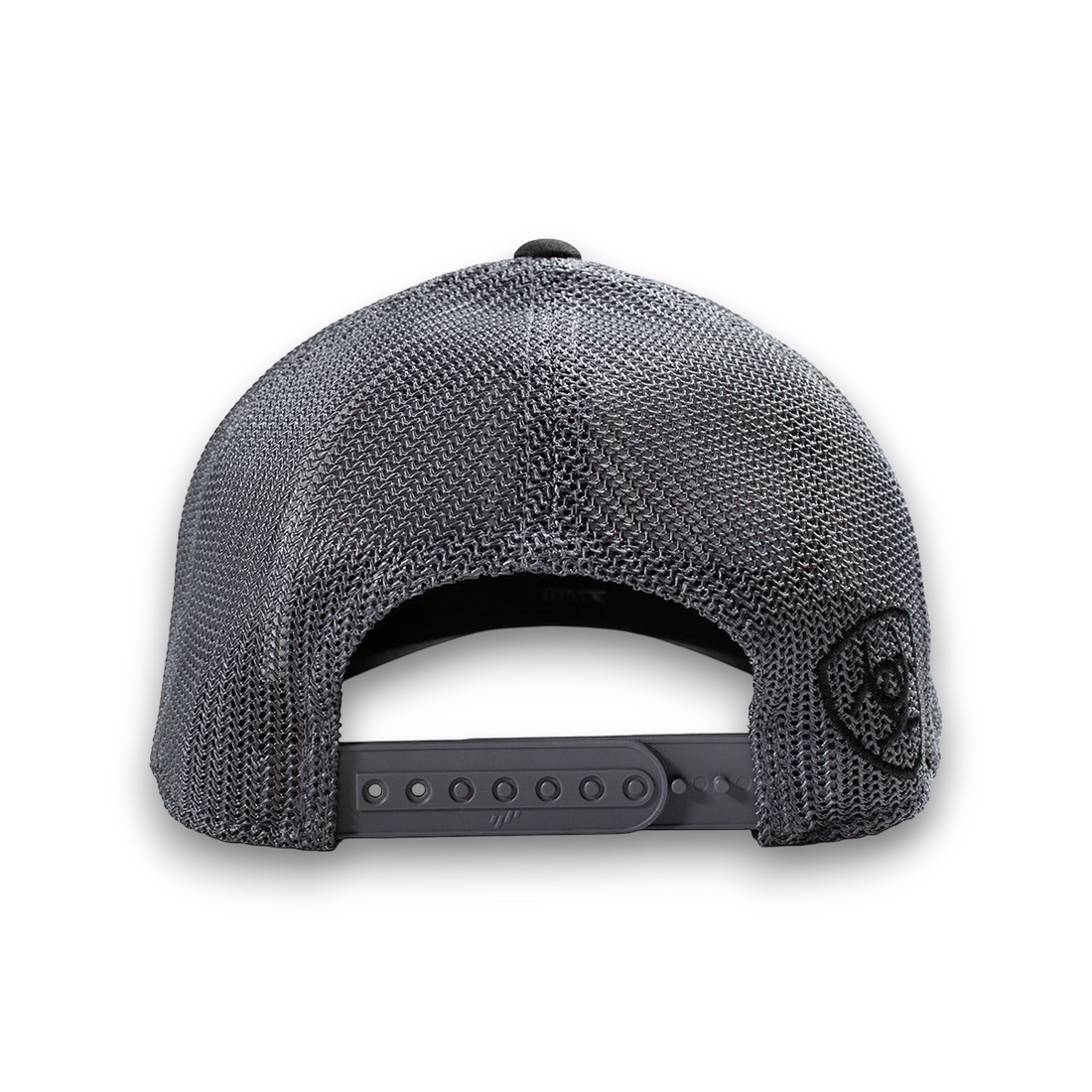 Moon Ridge Hats and Heritage Ariat grey mesh snapback cap with embroidered logo on side and adjustable strap