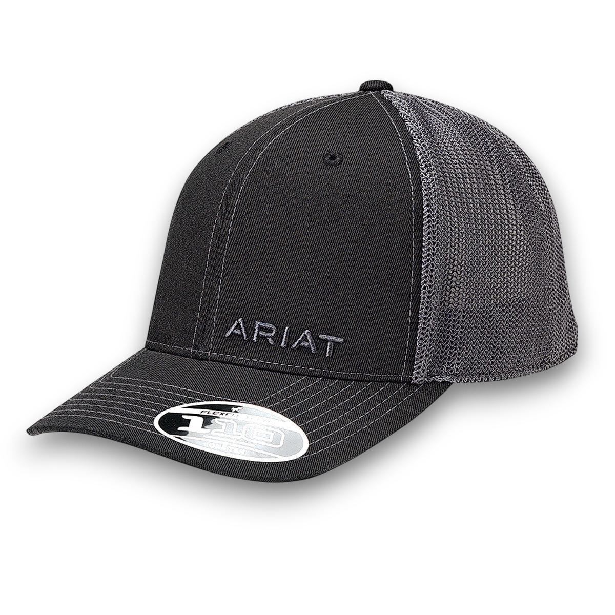 Moon Ridge Hats and Heritage Ariat black mesh snapback cap with embroidered logo and contrast stitching.
