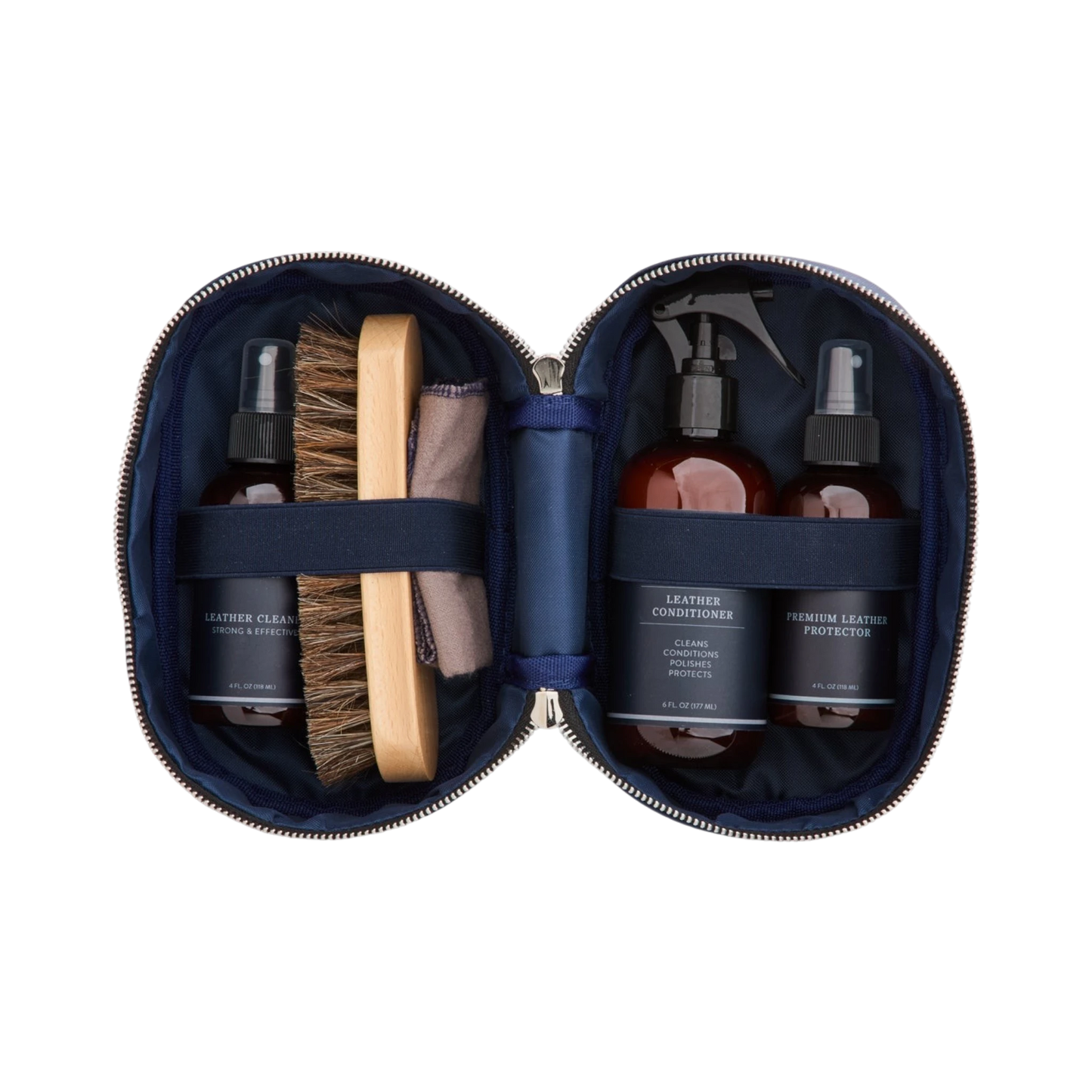 Moon Ridge Hats and Heritage leather care kit in a navy zip-around nylon case with cleaner, conditioner, and brush.