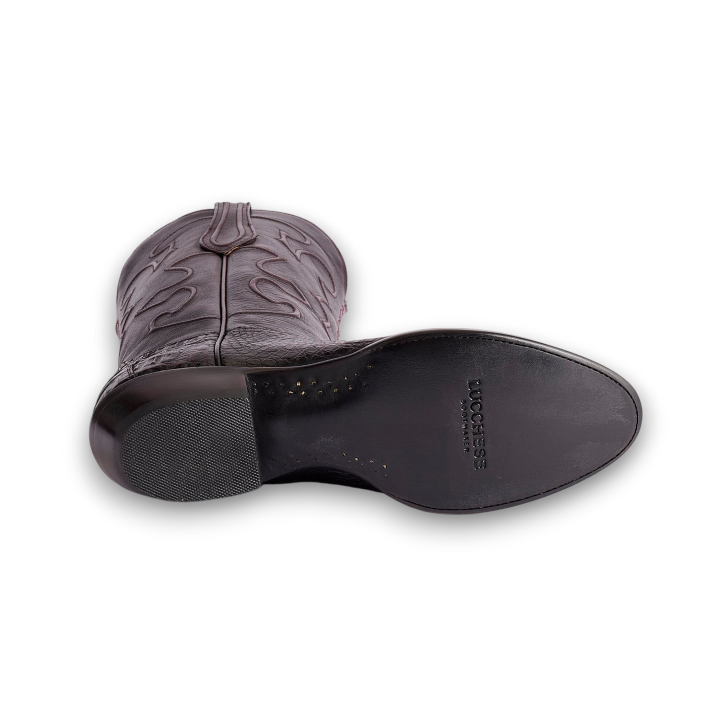 Moon Ridge Hats and Heritage Lucchese Charles black cherry Ultra Belly Caiman cowboy boot sole view