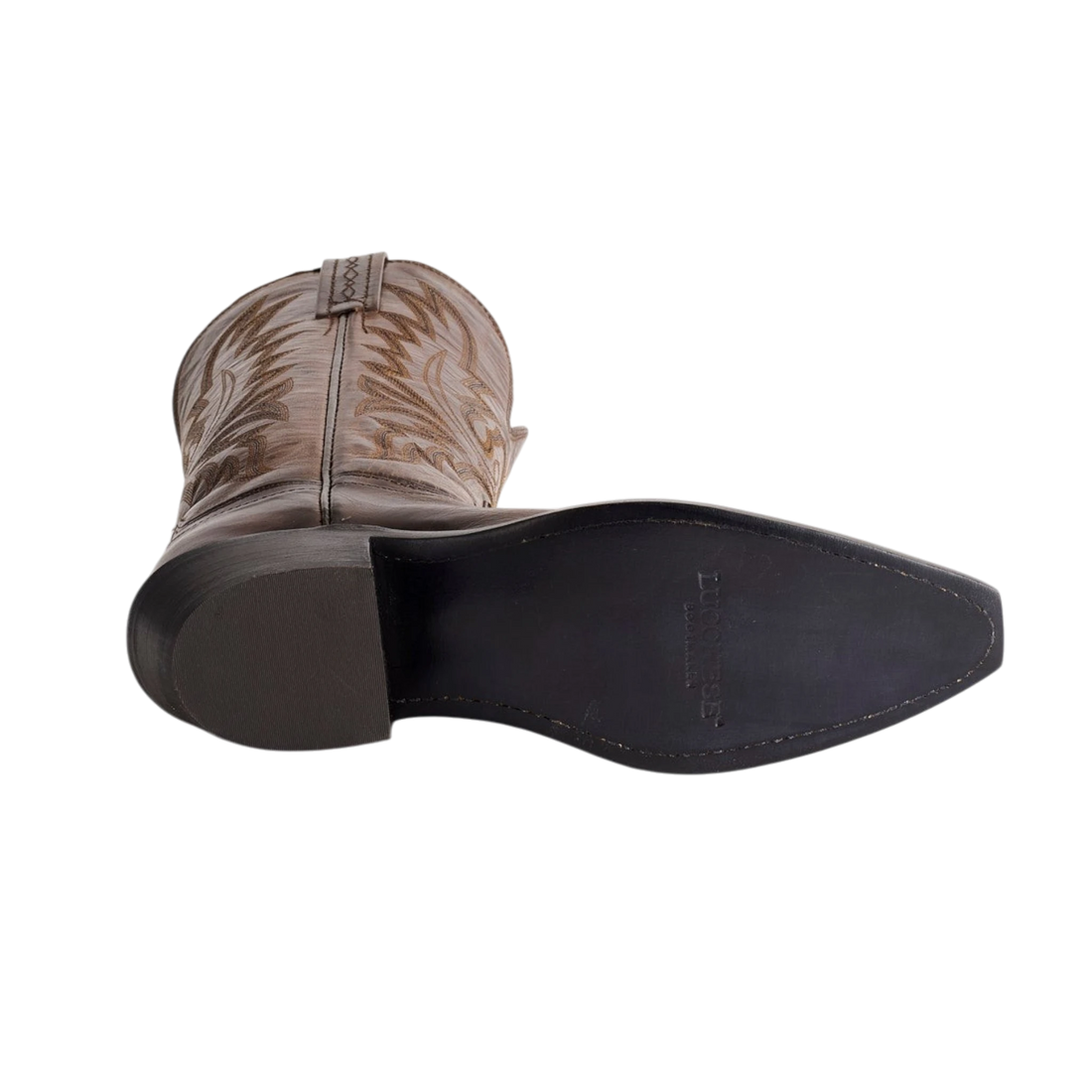 Moon Ridge Hats and Heritage Lucchese Savannah chocolate brown leather Western boot showing the sole and heel detail