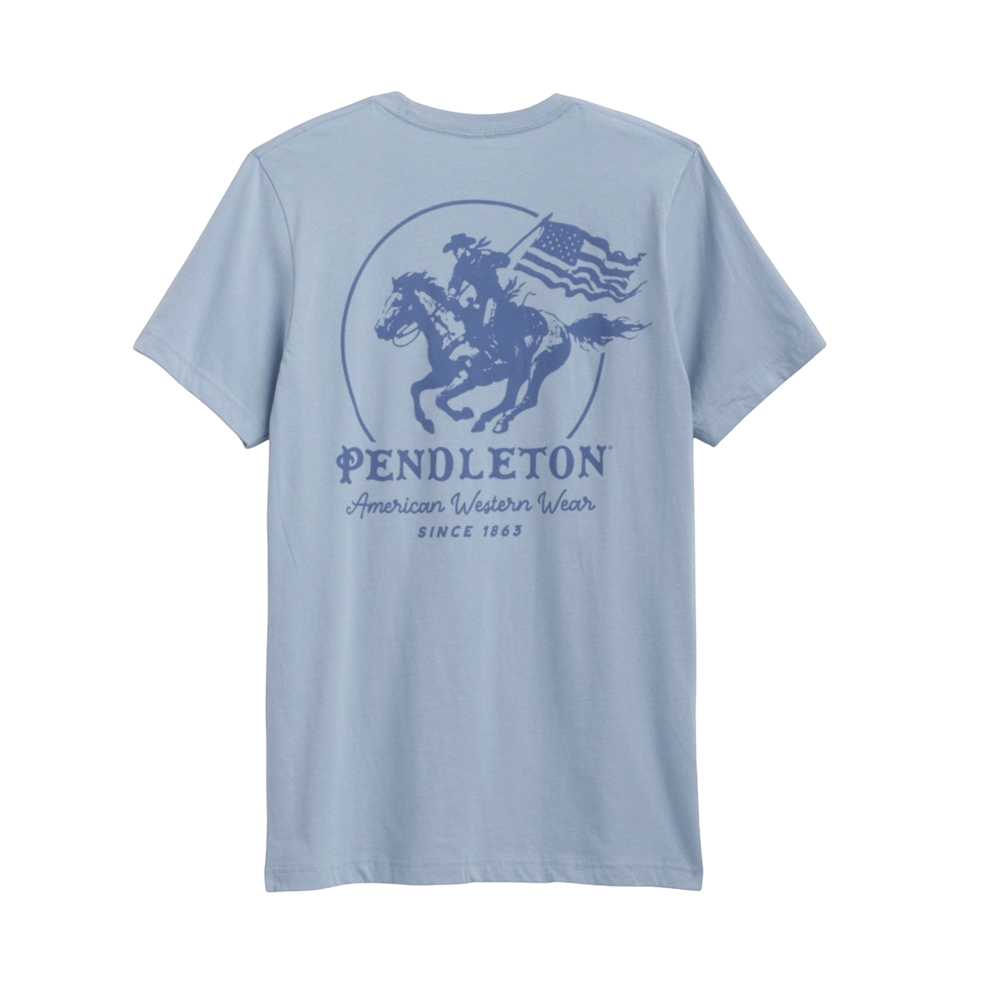 Moon Ridge Hats and Heritage light blue cotton crewneck t-shirt with cowboy on horseback graphic and Pendleton logo.