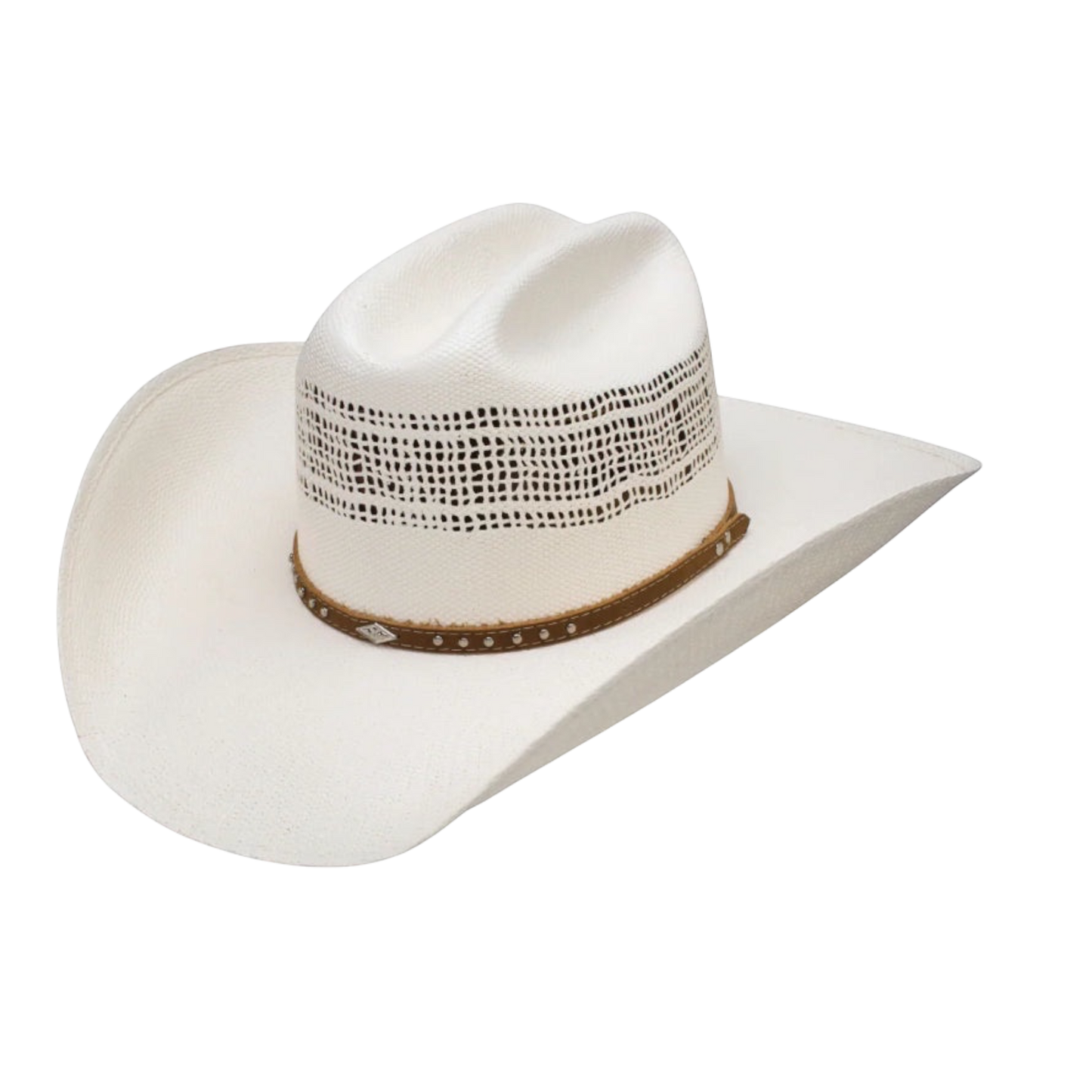 Rafter M Hat Company natural white 20X straw western hat with vented crown and brown leather studded band.
