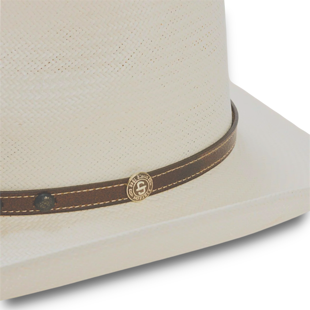 Moon Ridge Hats and Heritage Stetson Cyprus natural 8X Shantung straw cowboy hat with leather band and silver detail.