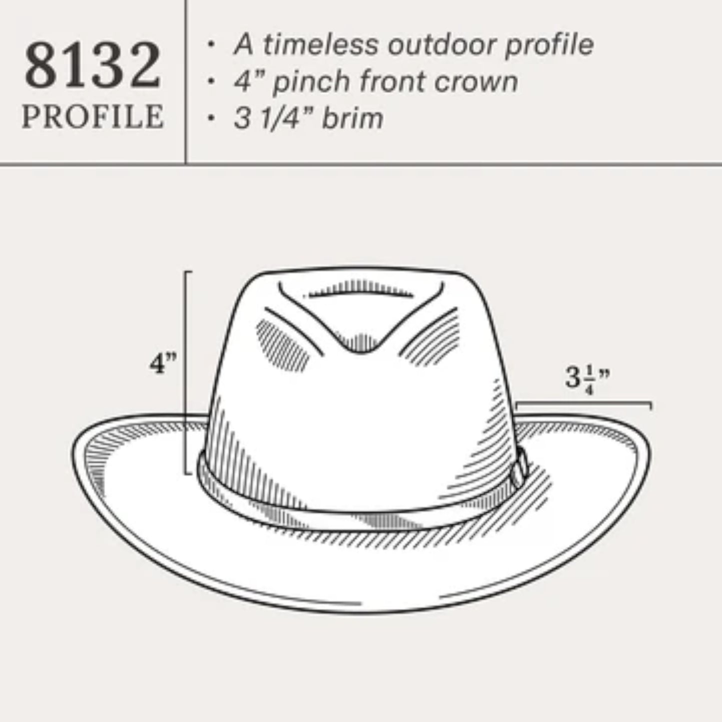 Moon Ridge Hats and Heritage Stetson Mountain Sky wool felt hat profile diagram with 4 inch crown and 3 1/4 inch brim