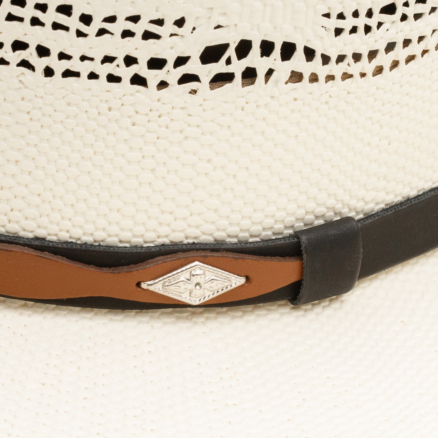 Moon Ridge Anders straw cowboy hat with vented crown, black and brown band, and silver concho detail. 4 1/4" brim.