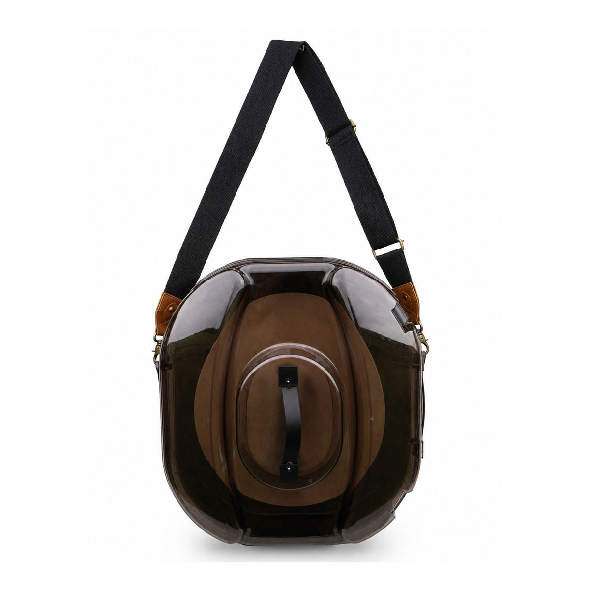A Better Hat Can with a brown felt cowboy hat visible through the smoke-tinted lid and the black shoulder strap attached
