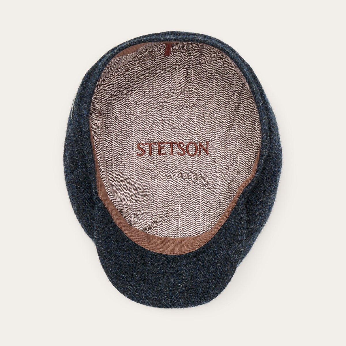 Stetson Wool Herringbone Driver Cap in Navy herringbone, brim and liner detail