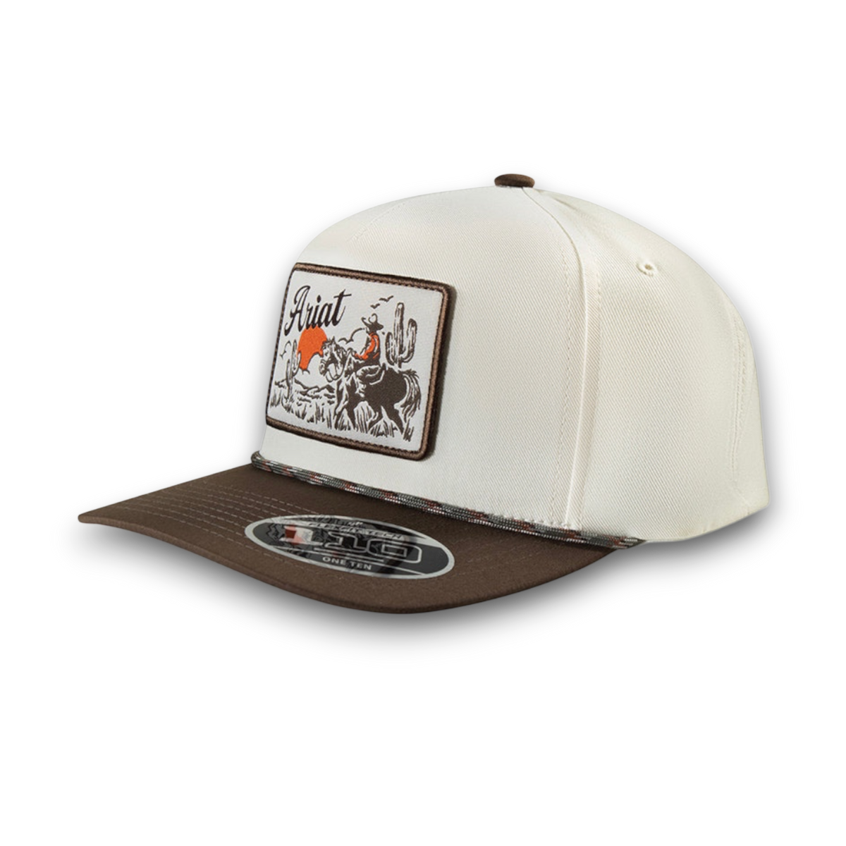 Ariat Beige/Brown Desert Patch Ballcap with embroidered desert scene on khaki crown and brown flat bill, front view