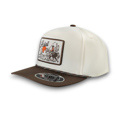 Ariat Beige/Brown Desert Patch Ballcap with embroidered desert scene on khaki crown and brown flat bill, front view