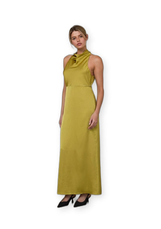 Skies Are Blue Women's Sleeveless Satin Halter Dress in Chartreuse