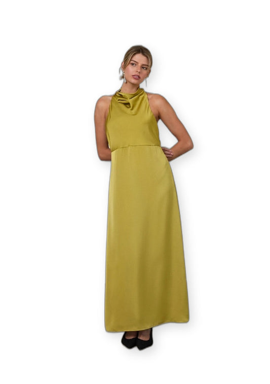 Skies Are Blue Women's Sleeveless Satin Halter Dress in Chartreuse alternate view