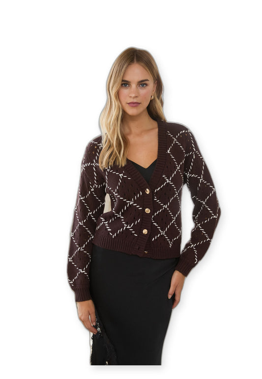 Skies Are Blue Women's Whipstitch Button-Down Cardigan in Brown