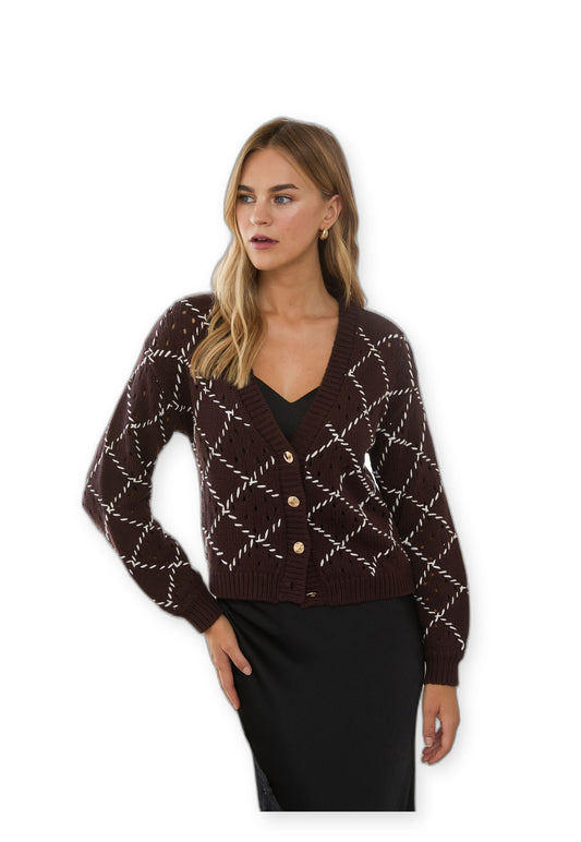 Skies Are Blue Women's Whipstitch Button-Down Cardigan in Brown alternate view