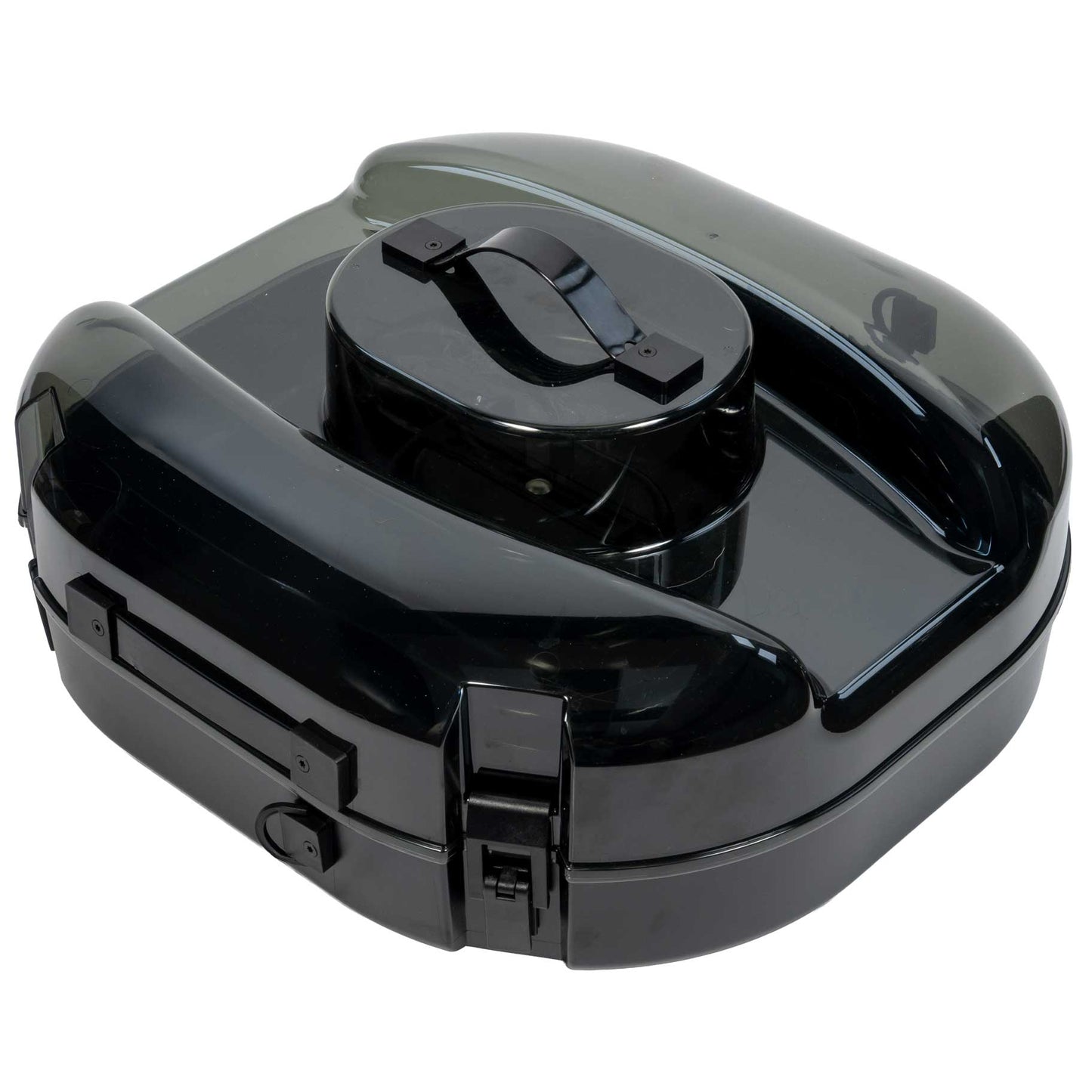 A Better Hat Can closed, viewed from above — smoke-tinted lid with the molded top grab handle and side latches