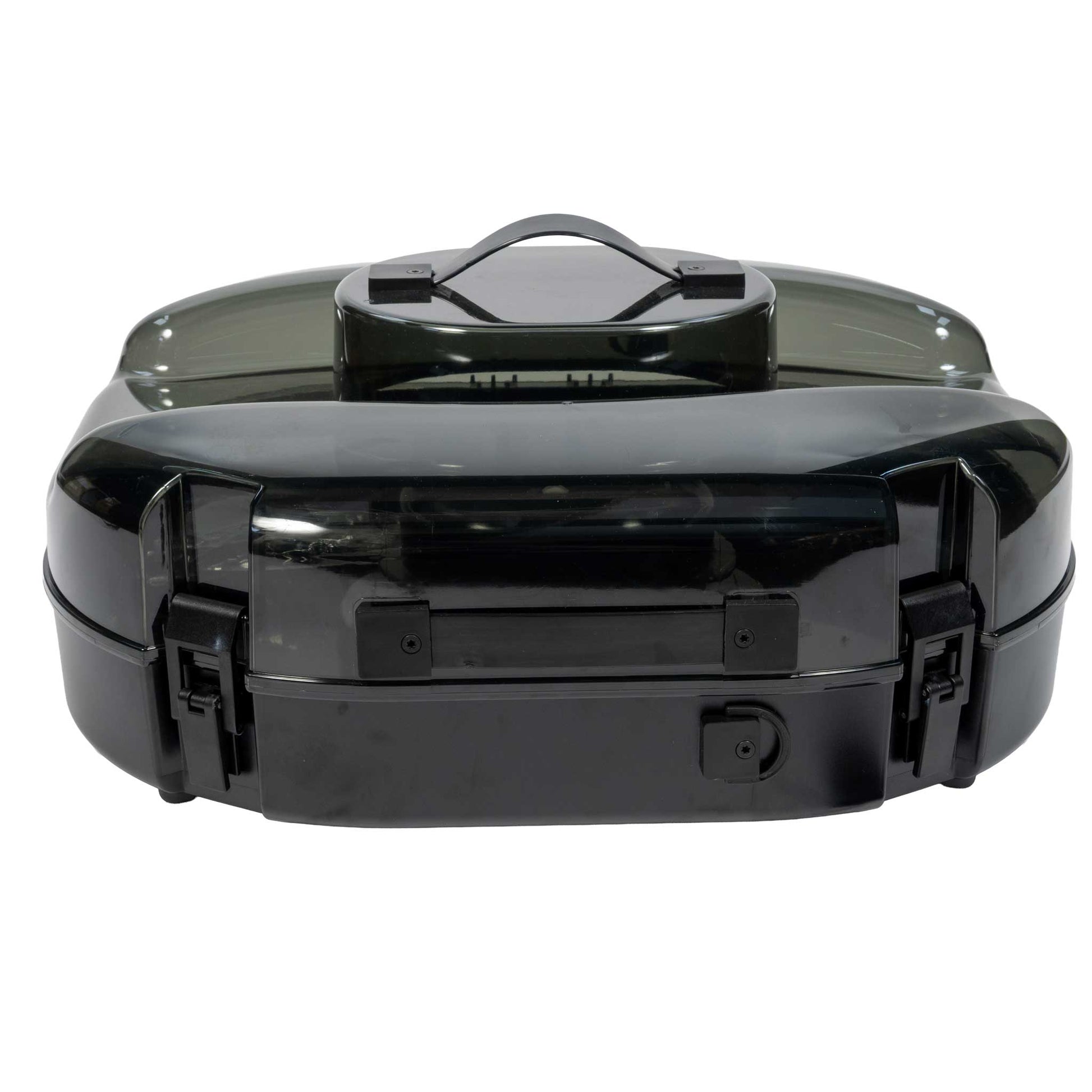 A Better Hat Can closed, front view — smoke-tinted lid over the black base with the top carry handle and both side latches