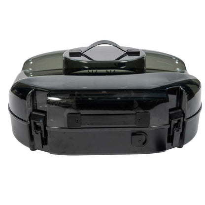 A Better Hat Can closed, front view — smoke-tinted lid over the black base with the top carry handle and both side latches