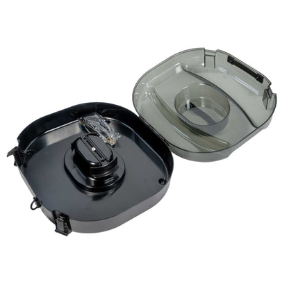 A Better Hat Can open in two halves — the black base with its center crown post beside the smoke-tinted lid