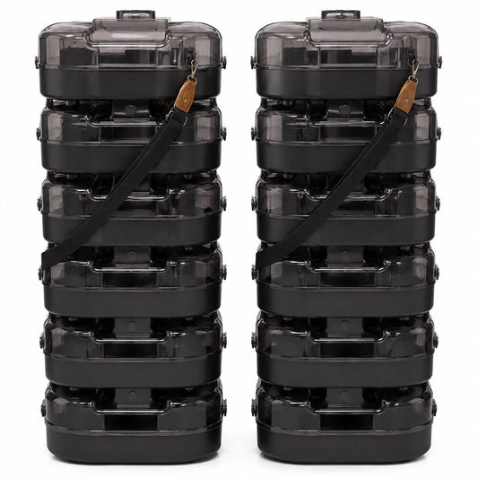 Twelve A Better Hat Can cases stacked in two columns of six, showing how the cases nest vertically to save closet space alternate view