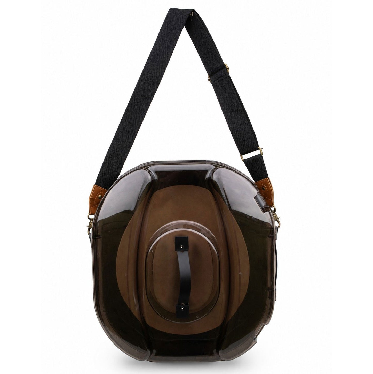 A Better Hat Can with a brown felt cowboy hat visible through the smoke-tinted lid and the black shoulder strap attached