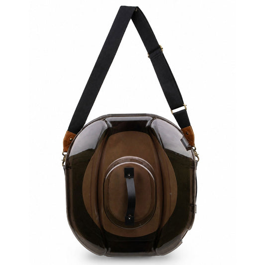 A Better Hat Can with a brown felt cowboy hat visible through the smoke-tinted lid and the black shoulder strap attached