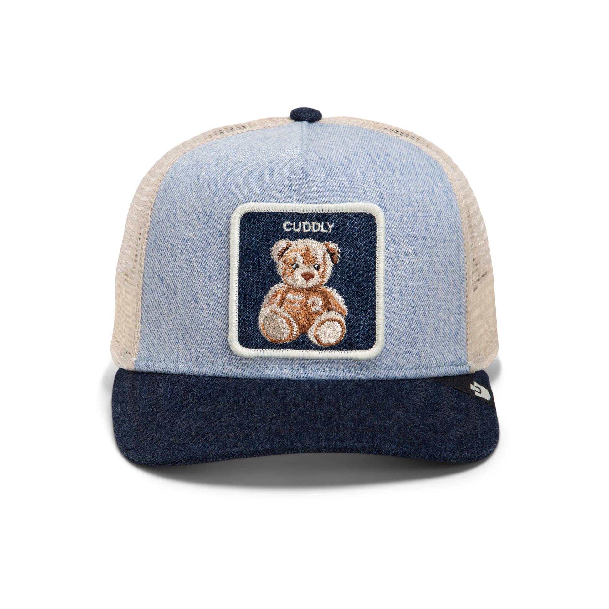 Goorin Bros Denim Cuddly trucker cap in light denim, front view with the embroidered teddy bear Cuddly patch and tan mesh back