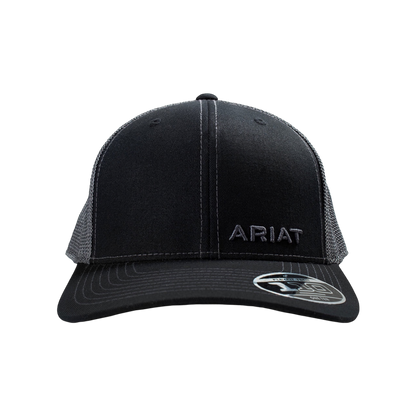Moon Ridge Hats and Heritage Ariat black mesh snapback cap with embroidered Ariat logo and contrast stitching.