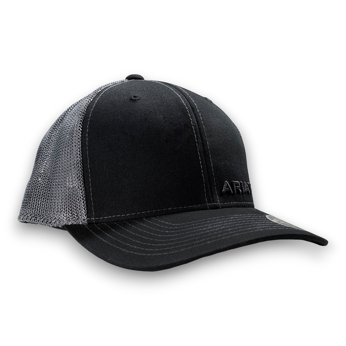 Moon Ridge Hats and Heritage Ariat black mesh snapback cap with contrast stitching and embroidered Ariat logo.