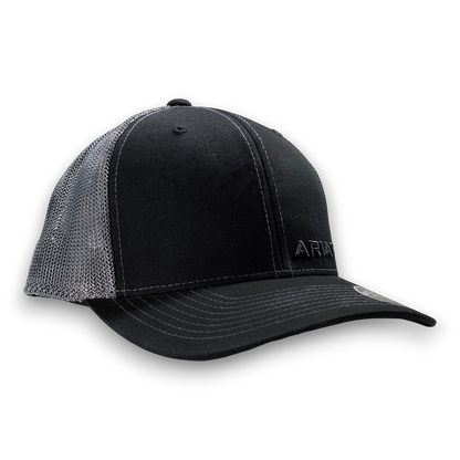 Moon Ridge Hats and Heritage Ariat black mesh snapback cap with contrast stitching and embroidered Ariat logo.