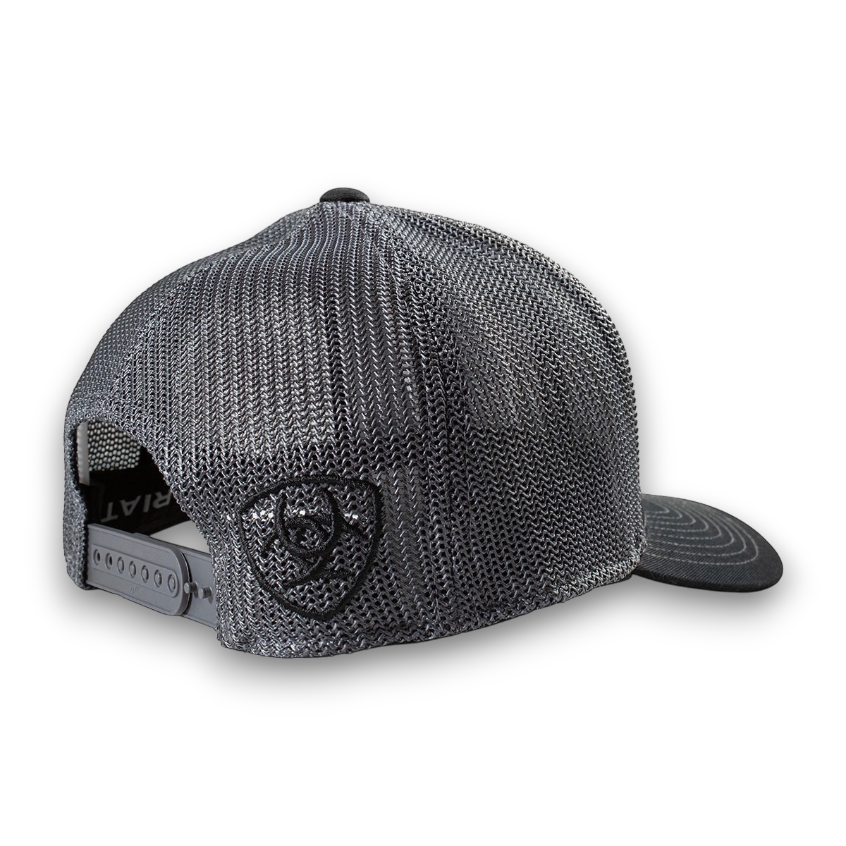 Moon Ridge Hats and Heritage: Ariat Black mesh snapback cap with embroidered Ariat logo on the side and adjustable strap.