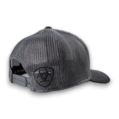 Moon Ridge Hats and Heritage: Ariat Black mesh snapback cap with embroidered Ariat logo on the side and adjustable strap.