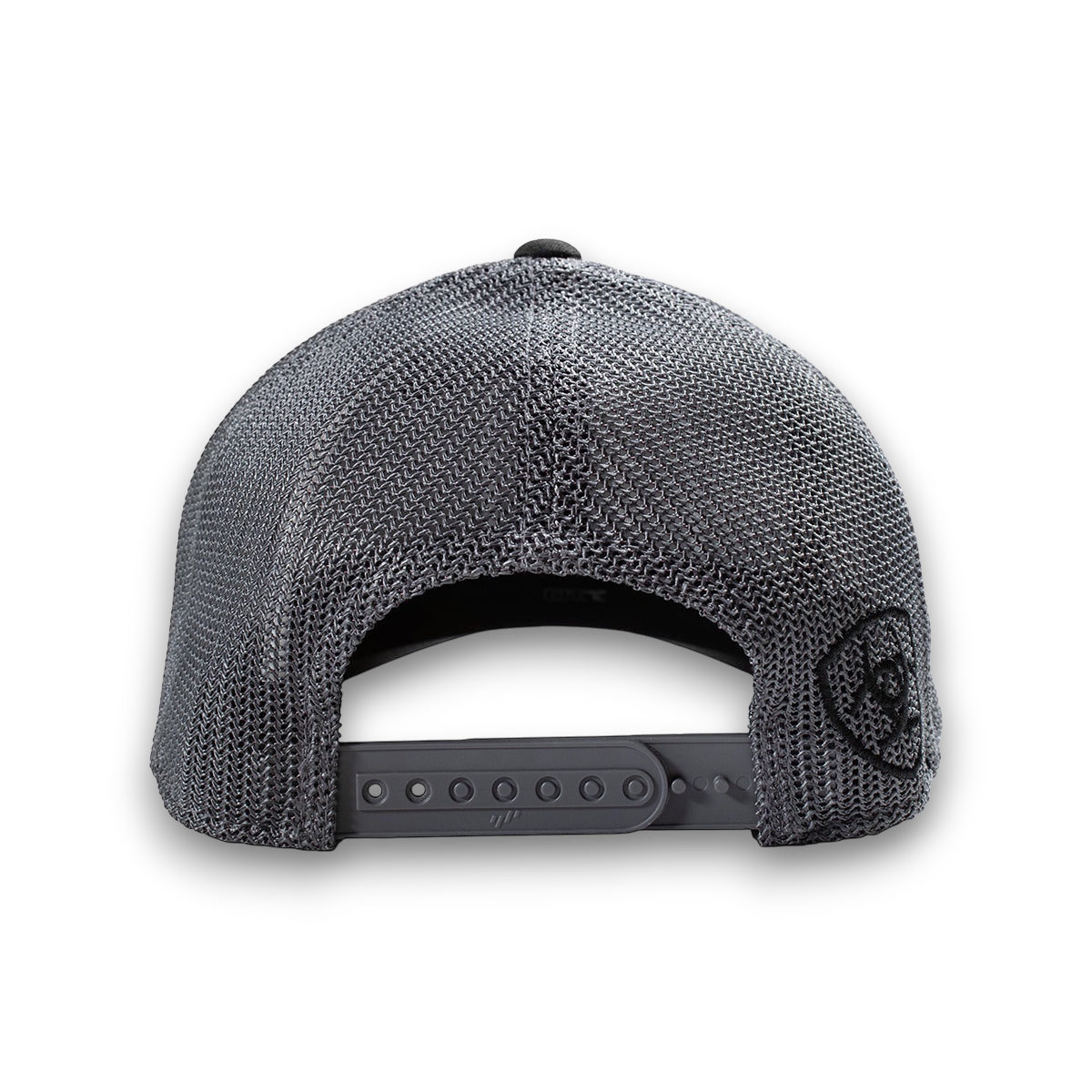 Moon Ridge Hats and Heritage Ariat grey mesh snapback cap with embroidered logo on side and adjustable strap
