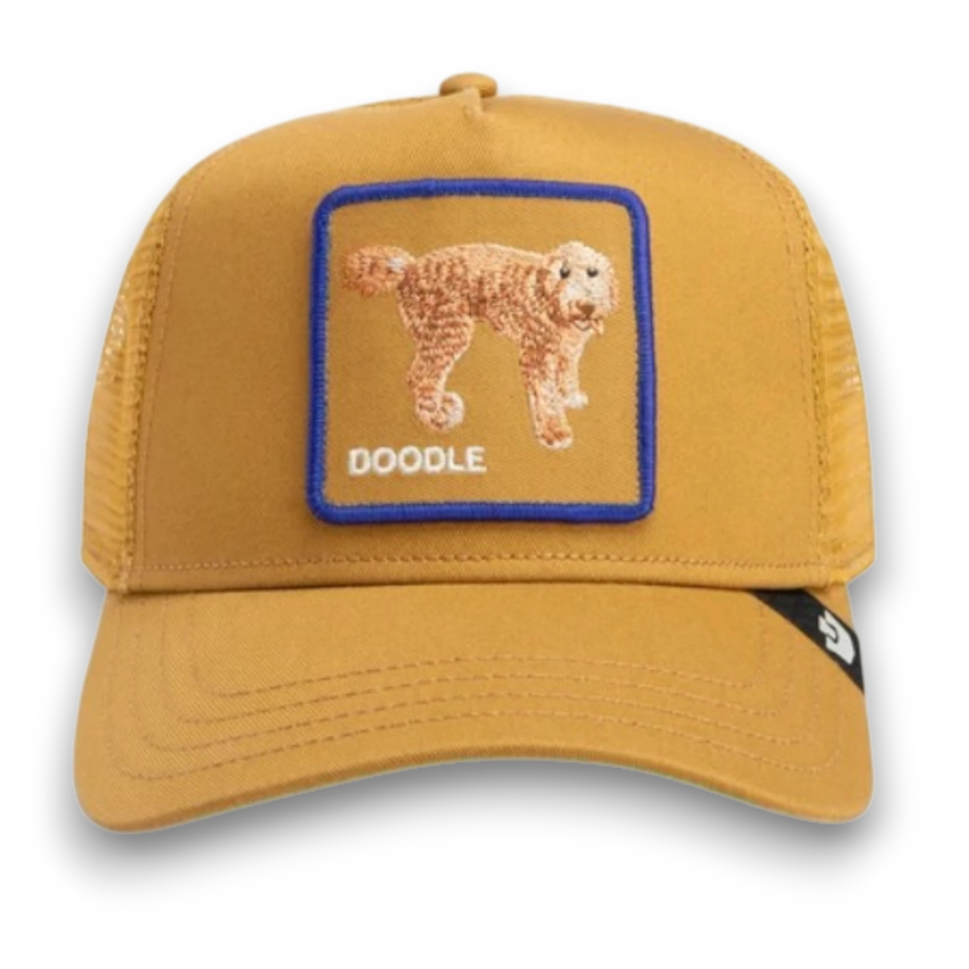 Moon Ridge Hats and Heritage amber trucker hat with a golden doodle embroidered patch and breathable mesh back