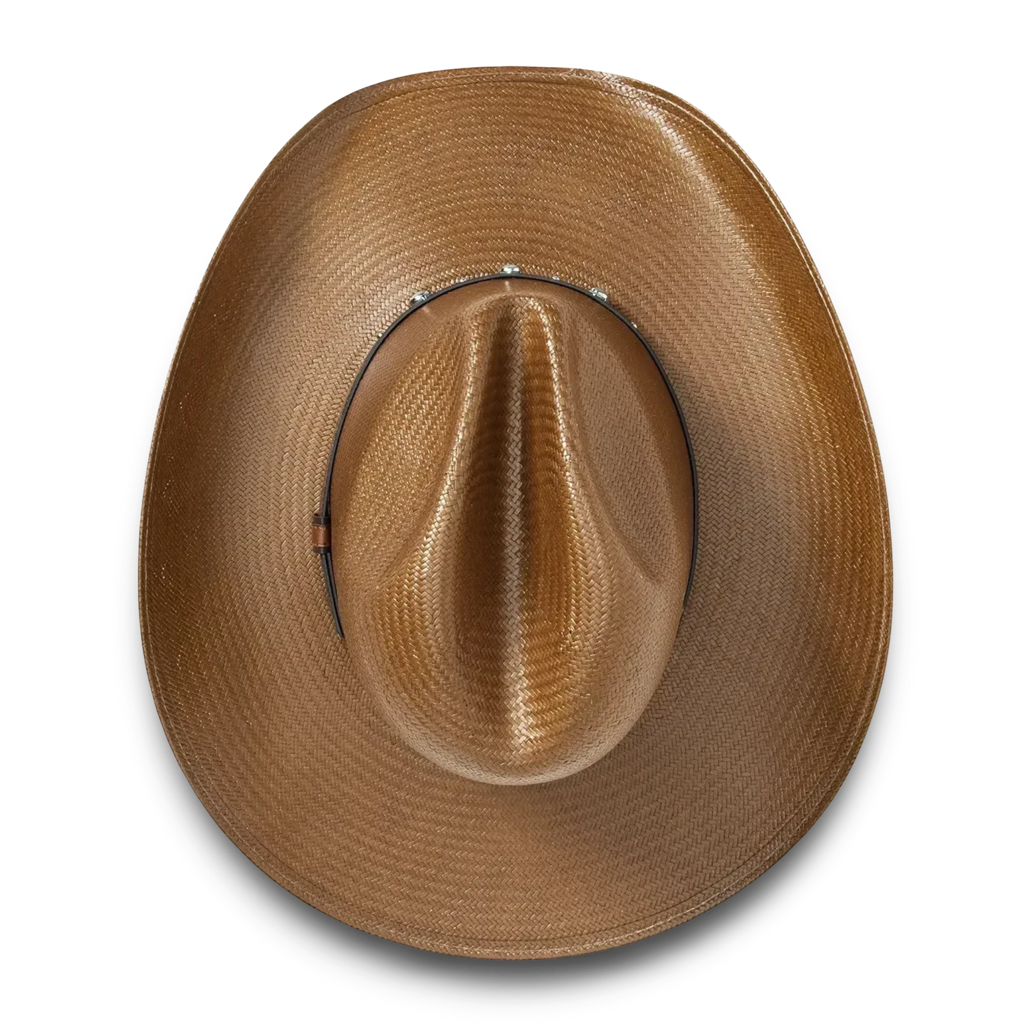 Moon Ridge Hats and Heritage Bellmont brown shantung straw cowboy hat with pinch crown, curved brim, and studded leather band.