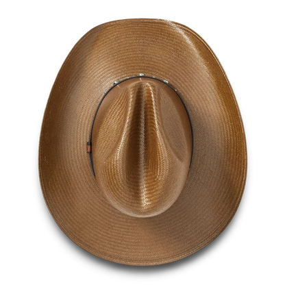 Moon Ridge Hats and Heritage Bellmont brown shantung straw cowboy hat with pinch crown, curved brim, and studded leather band.