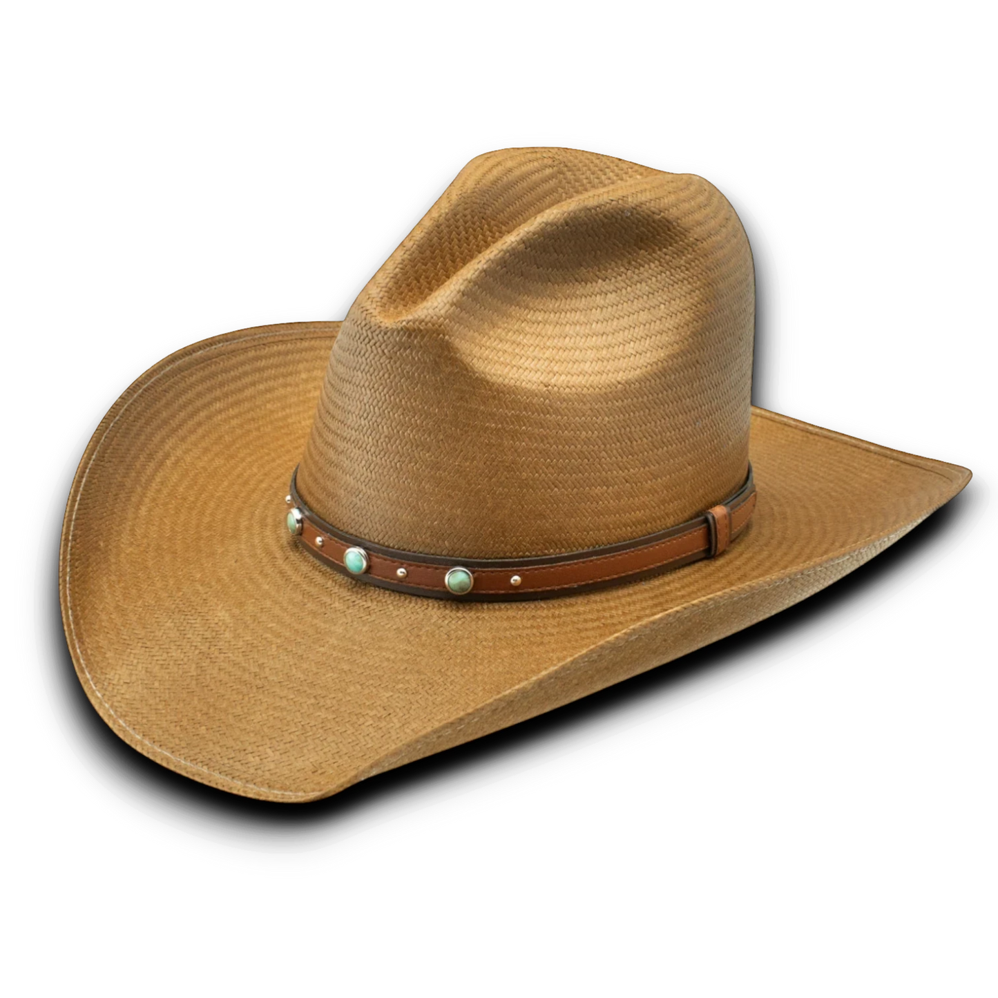 Moon Ridge Hats and Heritage Bellmont straw cowboy hat in tan with a brown leather band adorned with turquoise stones and silver studs.