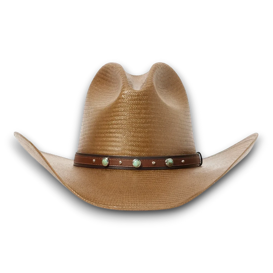 Moon Ridge Hats and Heritage Bellmont straw cowboy hat in tan with a brown leather band and turquoise studs.