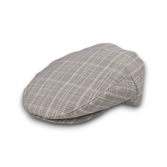 Moon Ridge Hats and Heritage Bigalli Ivy Newsboy Cap in grey plaid cotton with a soft crown and stitched brim.