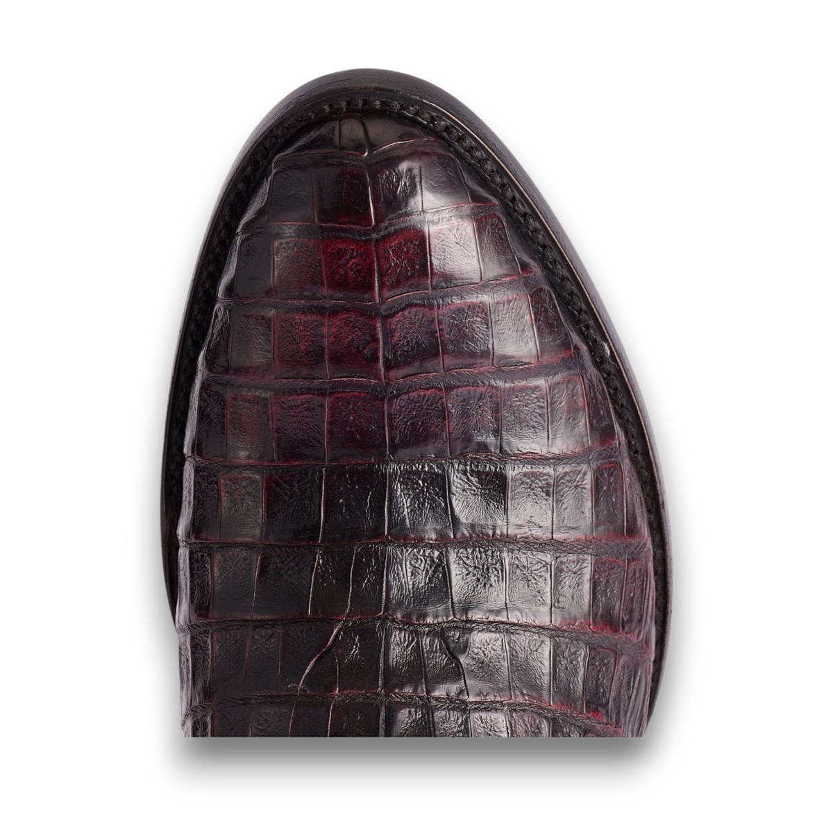 Moon Ridge Hats and Heritage Lucchese Charles black cherry ultra belly caiman leather cowboy boot toe detail