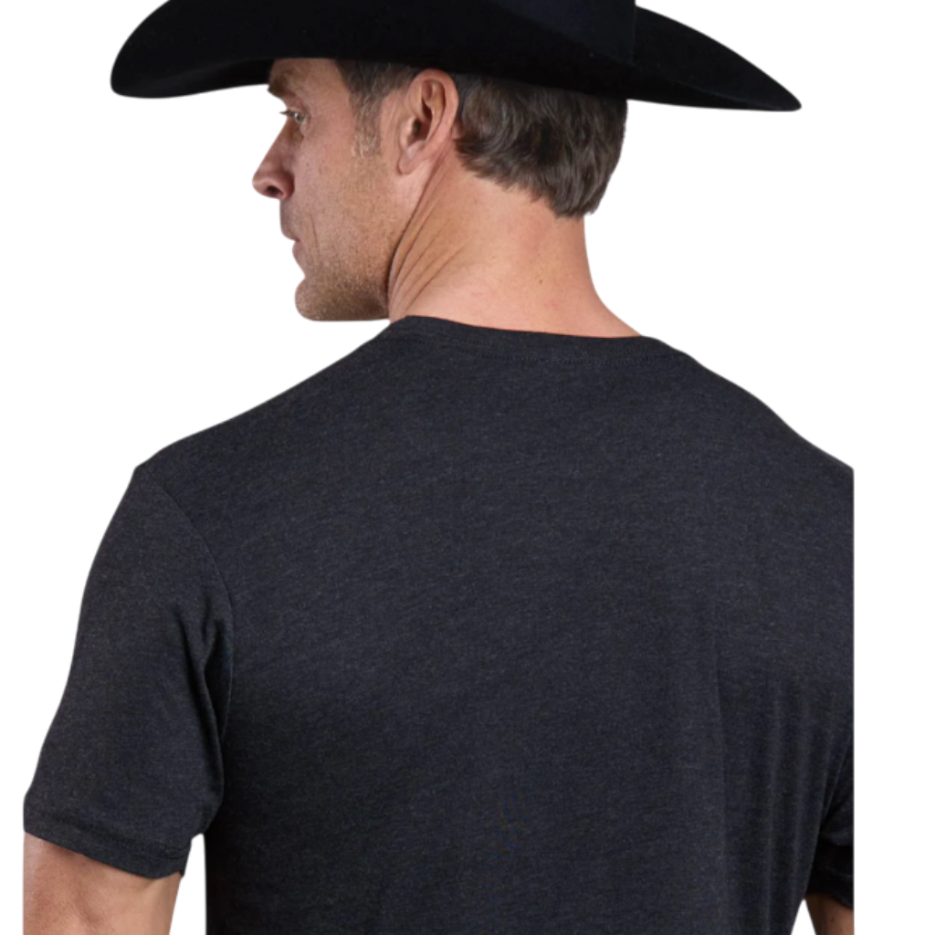 Man wearing a black Stetson cowboy hat and a black poly-cotton-rayon crew neck t-shirt from Moon Ridge Hats and Heritage