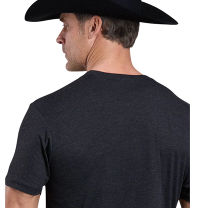 Man wearing a black Stetson cowboy hat and a black poly-cotton-rayon crew neck t-shirt from Moon Ridge Hats and Heritage