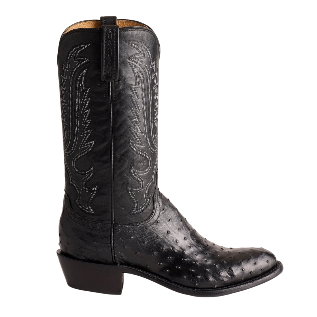 Moon Ridge Hats and Heritage Lucchese Luke black ostrich leather western cowboy boot with intricate white stitching