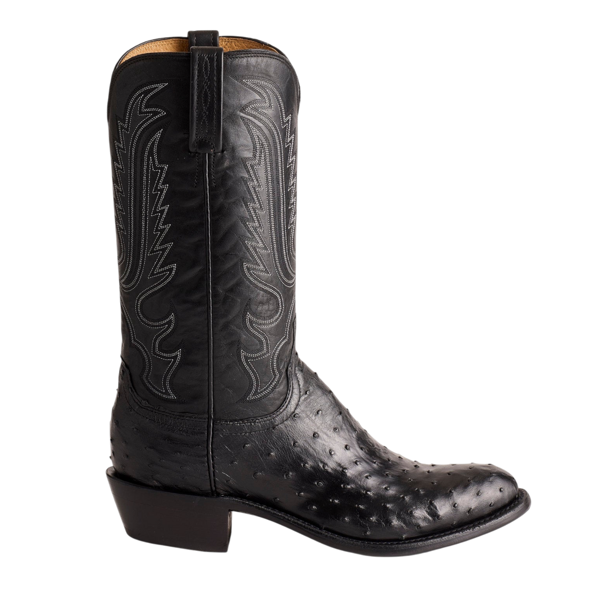 Moon Ridge Hats and Heritage Lucchese Luke black ostrich leather western cowboy boot with intricate white stitching