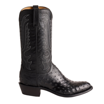 Moon Ridge Hats and Heritage Lucchese Luke black ostrich leather western cowboy boot with intricate white stitching