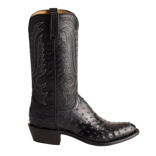 Moon Ridge Hats and Heritage Lucchese Luke black ostrich leather western cowboy boot with intricate white stitching