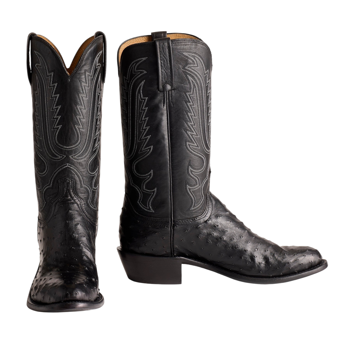 Moon Ridge Hats and Heritage Lucchese Luke black ostrich leather cowboy boots with intricate white stitching