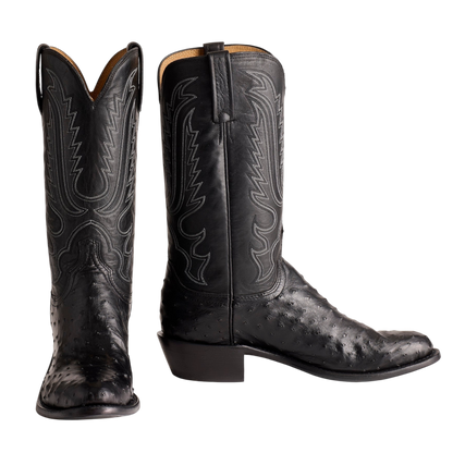Moon Ridge Hats and Heritage Lucchese Luke black ostrich leather cowboy boots with intricate white stitching