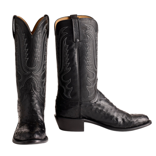 Moon Ridge Hats and Heritage Lucchese Luke black ostrich leather cowboy boots with intricate white stitching alternate view