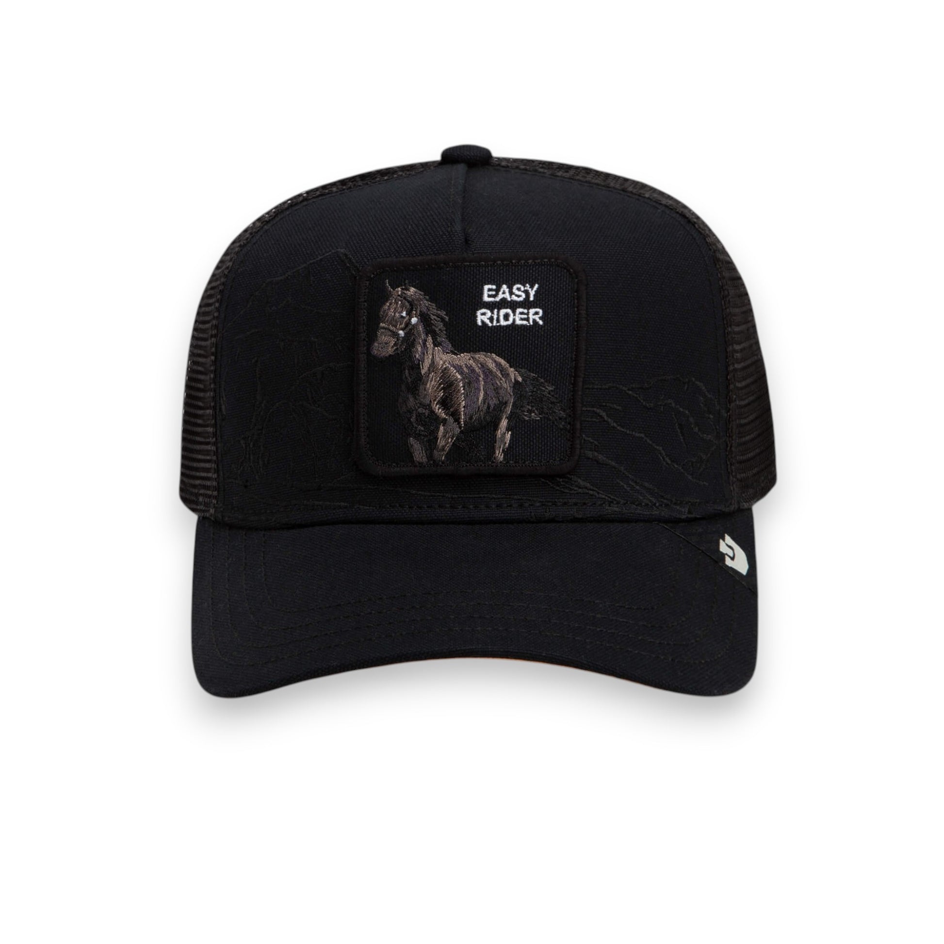 Moon Ridge Hats and Heritage Goorin Bros Badlands Stallion black trucker hat with Easy Rider horse patch